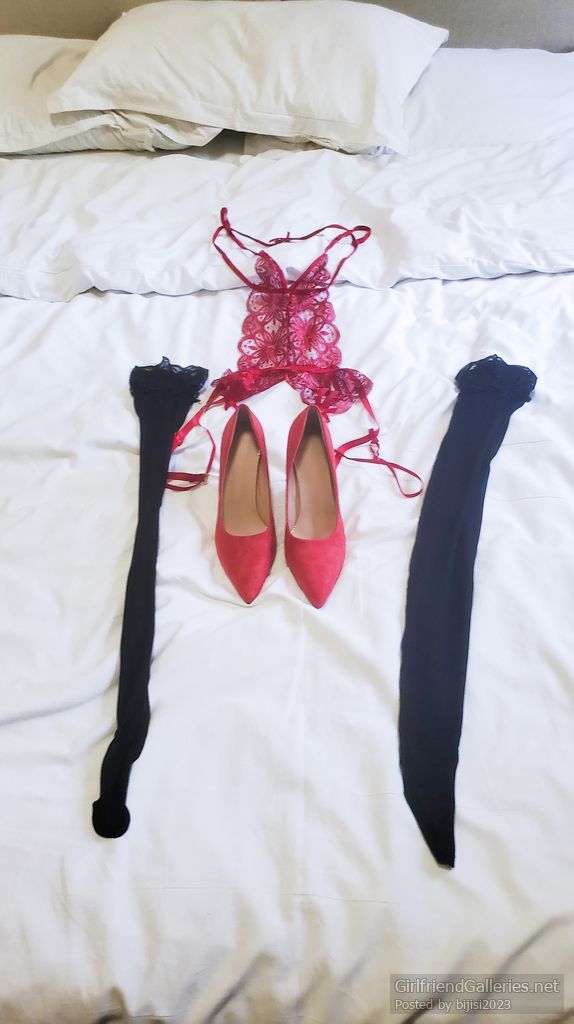 Slutty wife in stockings and red crotchless panties