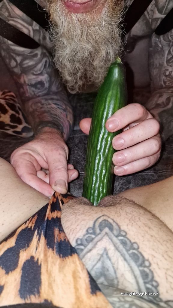 My sexy slut in leopard print with cucumber
