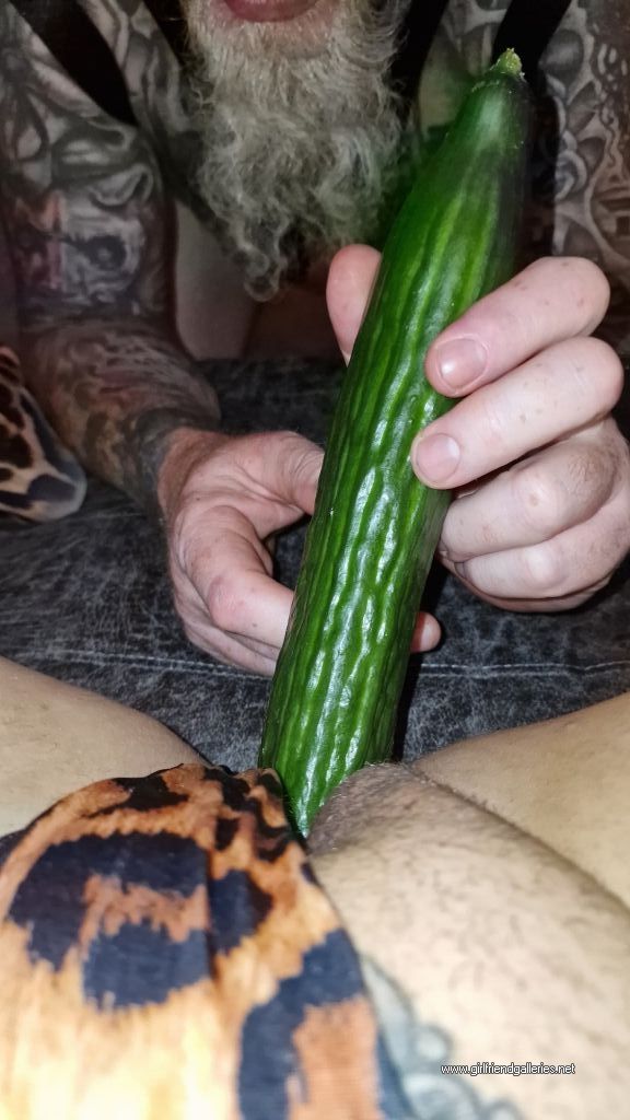 My sexy slut in leopard print with cucumber