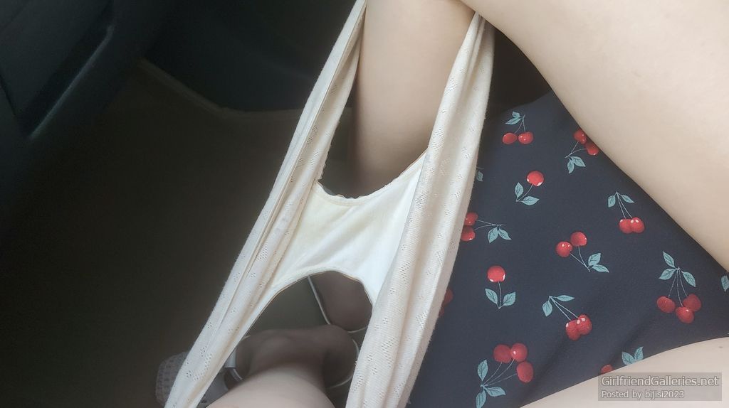 My wife shows her dirty white panties in the car