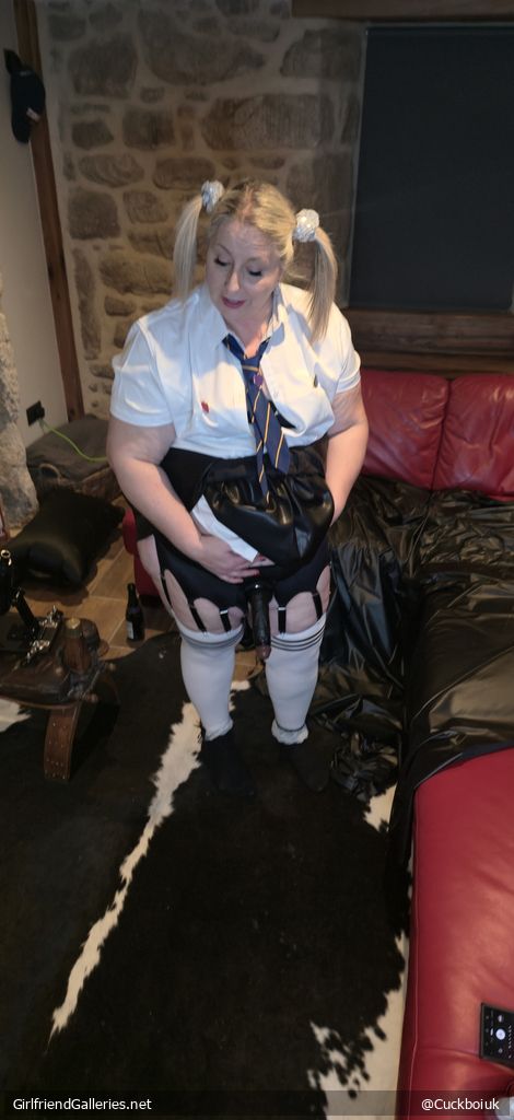 Wife dressed as schoolgirl for our bull