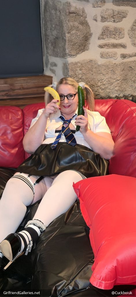 Wife dressed as schoolgirl for our bull