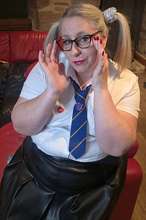 Wife dressed as schoolgirl for our bull