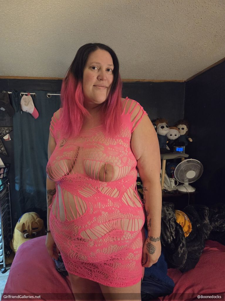 Wife exposed in pink fishnet lingerie