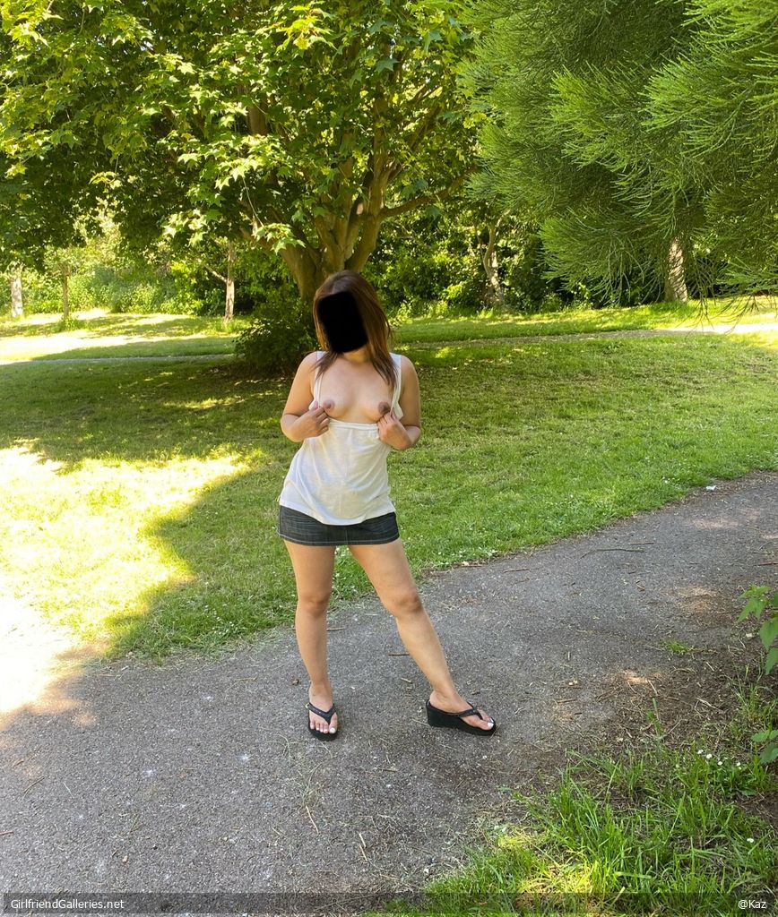 Wife enjoying flashing in the park